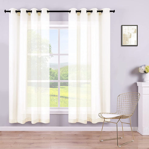 Ivory Sheer Curtains 63 Inch Length Window Panel Pair Set of 2 Packs Grommet Top Faux Linen Look Drapes Voiles Semi Sheer Curtains for Living Room Bedroom Wide 52 x 63 Inches Long Cream Ecru Off White