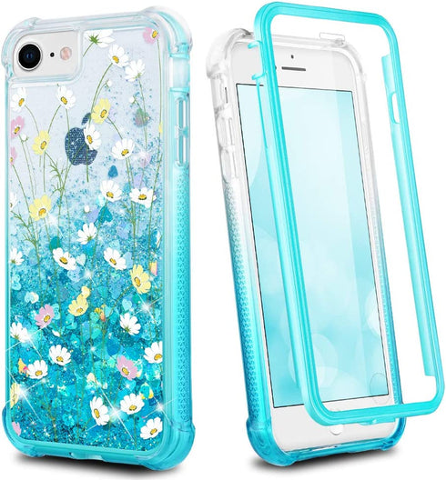 Ruky iPhone 6 6s 7 8 Case, iPhone SE 2022 Case, Full Body Glitter Liquid Floral Cover with Built-in Screen Protector Shockproof Girls Women Case for iPhone 6/6s/7/8/SE 2020 & SE 2022, Flower Bouquet