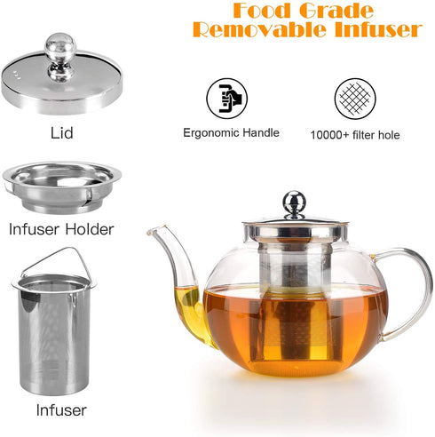 Glass Teapot With Removable Stainless Steel Infuser Premium Durable Borosilicate Glass Tea Kettle for Stovetop - Glass Flowering Tea Kettle With Infusers for loose Tea 1000 ml & Silicone Mat.