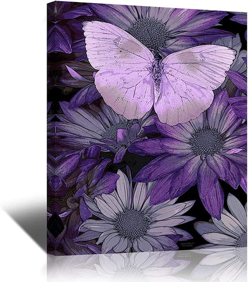 Purple Butterfly Painting Giclee Print on Canvas, Stretched and Framed, Modern Home Decoration for living room, bedroom, bathroom decor Wall Art,12 By 16Inch,Ready To Hang