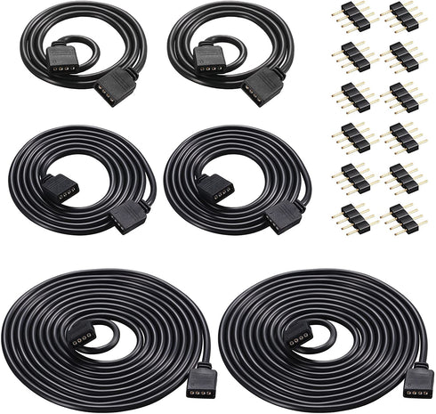 6 Pieces 4 Pin RGB Extension Cable LED Strip Connector Cord Wire Solderless Strip Jumper Cables Kit with 12 Pieces Pin Connector for 5050 3528 RGB LED Strip Light (Black, 1.6 FT, 3.3 FT, 6.6 FT)