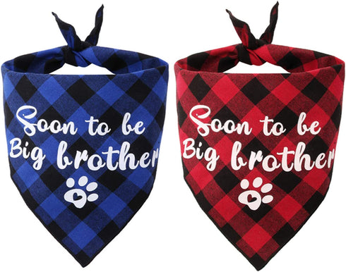 JPB 2 Pack Sooner to be Big Brother Dog Bandana,Pet Baby Announcement Plaid Scarf Gender Reveal Accessories