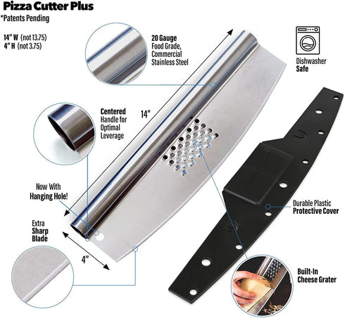 Gemiknife Pizza Cutter Plus. 14? Sharp Rocker Slicer + Built In Cheese Grater. Thick & Sturdy Stainless Steel Blade + Centered Handle + Protective Knife Cover + Dishwasher Safe.