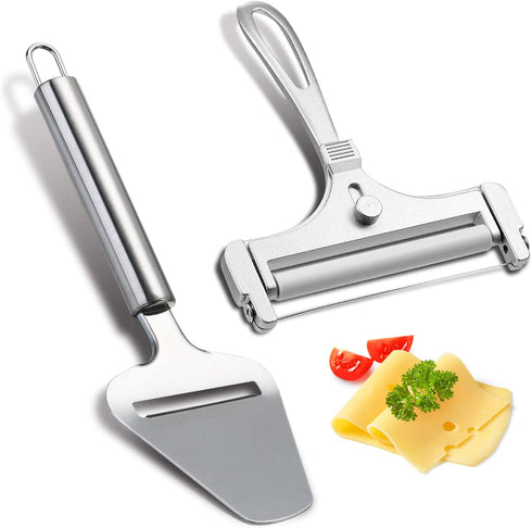 2 Pieces Stainless Steel Wire Cheese Slicer with Cheese Plane Tool, Adjustable Thickness Cheese Cutter for Soft, Semi-Hard, Hard Cheeses Kitchen Cooking Tool, Grey