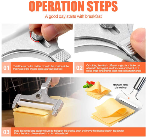 2 Pieces Stainless Steel Wire Cheese Slicer with Cheese Plane Tool, Adjustable Thickness Cheese Cutter for Soft, Semi-Hard, Hard Cheeses Kitchen Cooking Tool, Grey
