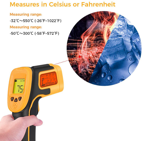 Infrared Thermometer, Digital IR Laser Thermometer Temperature Gun -26°F~1022°F (-32°C?550°C) Temperature Probe Cooking/Air/Refrigerator - Meat Thermometer Included -Non Body Thermometer