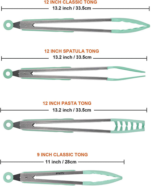 4 Pack Silicone Cooking Kitchen Tongs Kit , BPA Free Non-Stick Stainless Steel BBQ Grilling Locking Food Tong / Pasta Tong/Spatula Tong for Oven Baking Salad Steak Vegetable Serving Tools Utensil Set