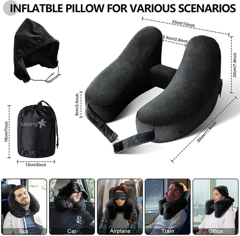 Neck Pillow Inflatable Travel Pillow Comfortably Supports The Head, Neck and Chin, Airplane Pillow with Soft Velour Cover, Hat, Portable Drawstring Bag, 3D Eye Mask and Earplugs (Black)