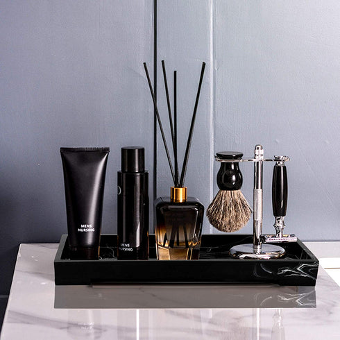 Jolitac Vanity Tray for Bathroom, Resin Bathtub Tray Countertop Tray Marble Pattern Black Trays, Cosmetics Holder Vanity Organizer for Shampoo, Soap (Black, Small)