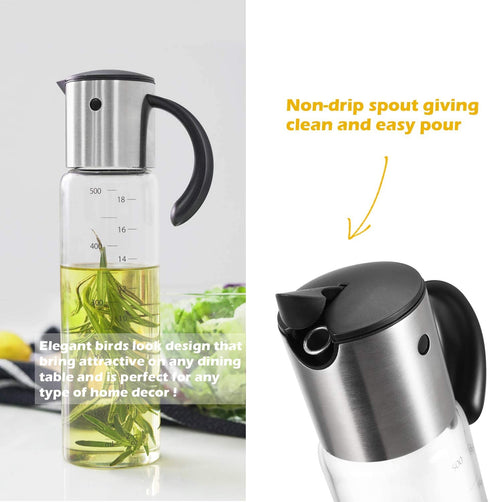 Extra Large Olive Oil Dispenser Bottle - Auto Flip Condiment Container With Automatic Cap and Stopper - Leakproof Vinegar Glass Cruet (300 ml and 500 ml a set)