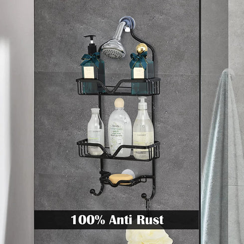 Shower Caddy Over Shower Head, Aluminum Hanging Shower Caddy, Rustproof Shower Organizer Hanging for Shampoo & Soap 3-Tier with 2 Hooks, Black, 25.1" x 11" x 4.7"