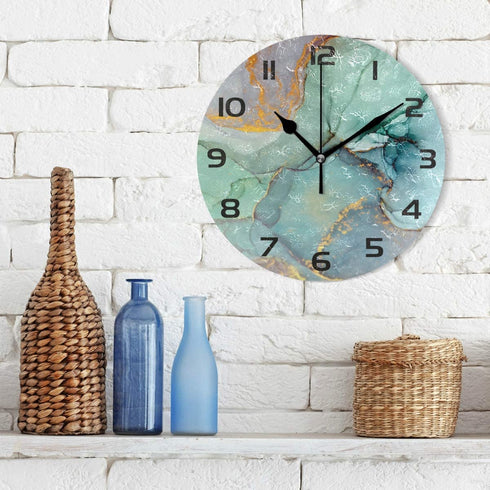 One Bear Modern Green and Gold Marble Texture Wall Clock, Silent Non Ticking Battery Operated Round Clock for Kitchen Office School Home Decorative