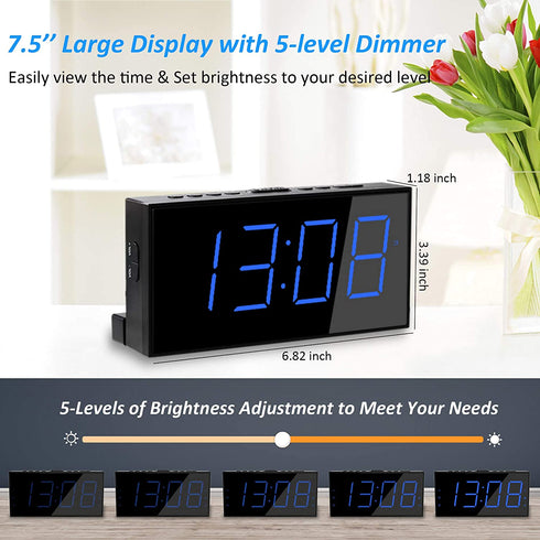 Extra Loud Alarm Clock with Bed Shaker, Vibrating Alarm Clock for Heavy Sleepers Hearing Impaired Deaf Teens, Dual Alarm Clock with 7.5™™ Large Display, USB Charger, Dimmer, Snooze & Battery Backup