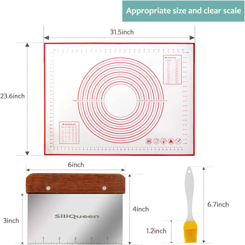 SiliQueen Silicone Pastry Baking Mat with Measurements Extra a Brush and a Dough Scraper - 31.5 x 23.6 Heat Resistant, BPA Free, Non-Stick Non-Slip Pastry Mat for Rolling Dough - Easy to Clean, Red
