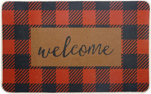 Carvapet Buffalo Plaid Rug Outdoor Indoor Entry Way Front Door Mat 18" x 30" with Non Slip Rubber Backing, Black&Red Welcome