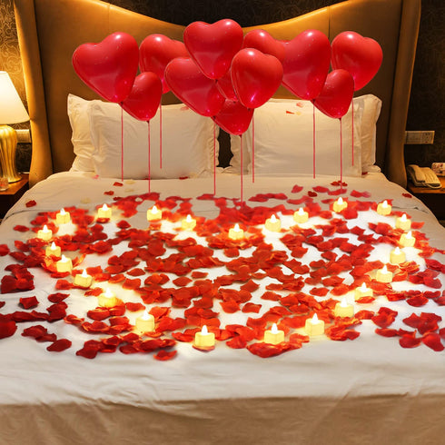 Flameless Tea Lights Candles, 24Pack LED Candles Battery Operated, 2000Pcs Fake Rose Petals, 24Pcs Red Heart Shaped Valentines Day Balloons for Romantic Night, Perfect Valentines Day Decoration Decor