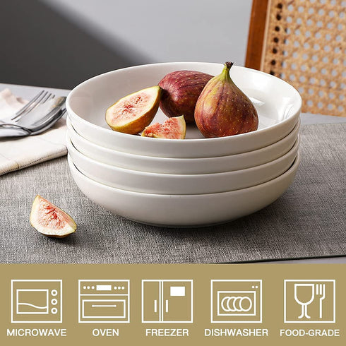 SWEEJAR Pasta Bowls, Ceramic Dinner Plates, 25oz Salad Serving Bowls for Soup, Dessert, Pizza, Fruit, Steak, Microwave Dishwasher Safe, Set of 4 ?White?