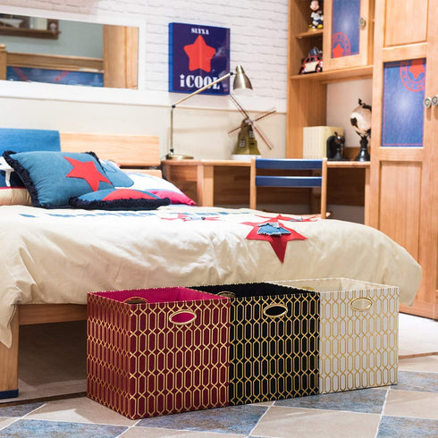Posprica Storage Bins, Storage Cubes,13×13 Fabric Drawers Organizer Basket Boxes Containers (13×13×13/2pcs, Red/Gold Geometry Pattern)