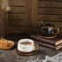 TILANY Tea Cup and Wooden Saucer Set - Luxury 10 Oz Ceramic Latte Mug with Golden Spoon & Coffee Saucer Fancy Gold Planted Handle Coffee Cups Modern Teacup Set for Women, Men (White)