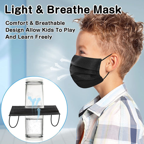 XDX Kids Mask Individually Wrapped, Kids Black Disposable Face Mask for Boys and Girls, 3 Ply - 5.7" x 3.7" Children's Size for Childcare, School, Daily Use (50 PCS)