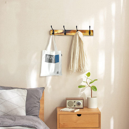 Wall Mounted Coat Rack Ethuh Rustic Wall Hook Solid Wood Hat Hanger Entryway Hanging Coat Rack4 Silver Metal for Entryway, only 1screws to Hold The Hooks Rack (Carbonization Black)