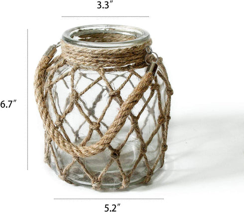 FUNSOBA Rustic Hanging Mason Nautical Jar Creative Rope Net Dry Flower Glass Vase with Handle 6.5 Inch
