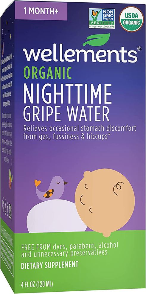 Wellements Organic Nighttime Gripe Water, 4 Fl Oz, Eases Baby's Stomach Discomfort, Free from Dyes, Parabens, Preservatives