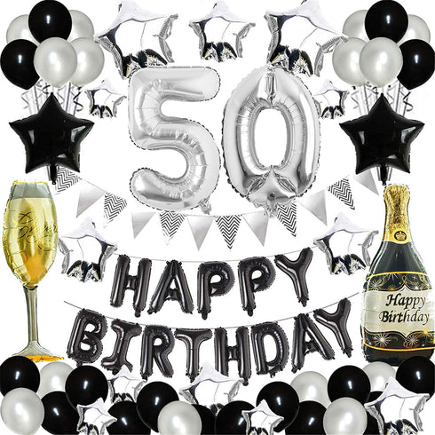 50th Birthday Party Decorations Black and White for Men Boys, Black HAPPY BIRTHDAY Banner with Silver Number Foil Balloons for 50 Decor