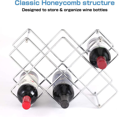Buruis Countertop Wine Rack - 10 Bottle Wine Holder for Red White Wine Storage - Freestanding Metal Wine Rack - Small Tabletop Wine Rack - Modern Wine Bottle Holder - Silver