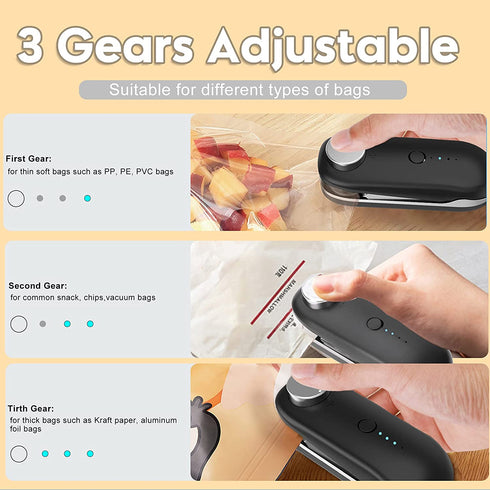 INHDBOX Mini Bag Sealer Rechargeable, Portable Handheld Bag Heat Vacuum Sealer with 3 Adjustable Sealing, Bag Resealer Machine Food Saver for Plastic Chip Bags, Storage Snack Cookies, Black