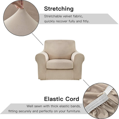 maxmill Velvet Stretch Chair Sofa Slipcovers 2 Pieces Armchair Covers Couch Slipcover with Individual Cushion Cover Plush Sofa Cover Furniture Protector with Elastic Bottom, Armchair, Taupe