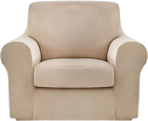 maxmill Velvet Stretch Chair Sofa Slipcovers 2 Pieces Armchair Covers Couch Slipcover with Individual Cushion Cover Plush Sofa Cover Furniture Protector with Elastic Bottom, Armchair, Taupe