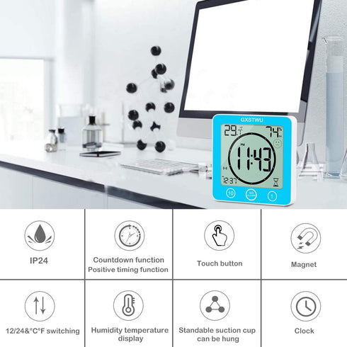 GXSTWU Digital Timer Shower Clock Waterproof?Waterproof for Water Spray? with Alarm, Bathroom Kitchen Wall Clock, Touch Screen Timer, Thermometer Hygrometer Suction Cup Hanging Hole Stand Magnet Blue