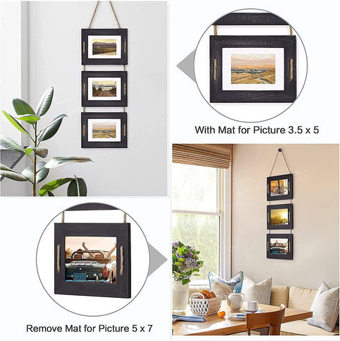DLQuarts Hanging Picture Frames Collage Wall Decor 5x7 or 3.5x5 with Mat, Rustic Wood 3 Photo Frame, Weathered Black