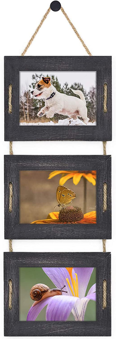 DLQuarts Hanging Picture Frames Collage Wall Decor 5x7 or 3.5x5 with Mat, Rustic Wood 3 Photo Frame, Weathered Black