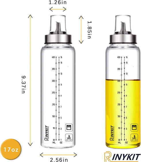 Olive Oil Bottle Dispenser by RINYKIT - 17 oz Oil and Vinegar Dispenser Set 2 Pack, Oil Bottles for Kitchen No-Drip Glass Cooking Oil Container and Vinegar Cruet Soy Sauce Dispenser Set with Caps