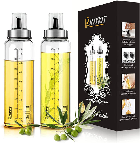 Olive Oil Bottle Dispenser by RINYKIT - 17 oz Oil and Vinegar Dispenser Set 2 Pack, Oil Bottles for Kitchen No-Drip Glass Cooking Oil Container and Vinegar Cruet Soy Sauce Dispenser Set with Caps