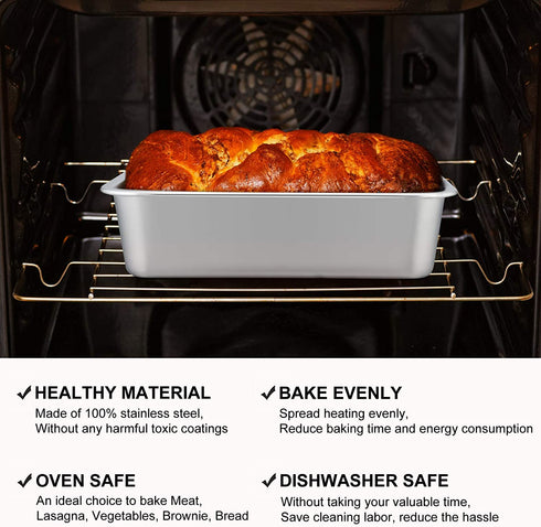 Lasagna Deep Baking Pan - 10.7 x 8.3 x 3.2,P&P CHEF Rectangular Cake Pan Cookie Bakeware Stainless Steel for Brownie/ Bread/ Meat, Deep Side & Round Corner, Brushed Finish & Dishwasher Safe
