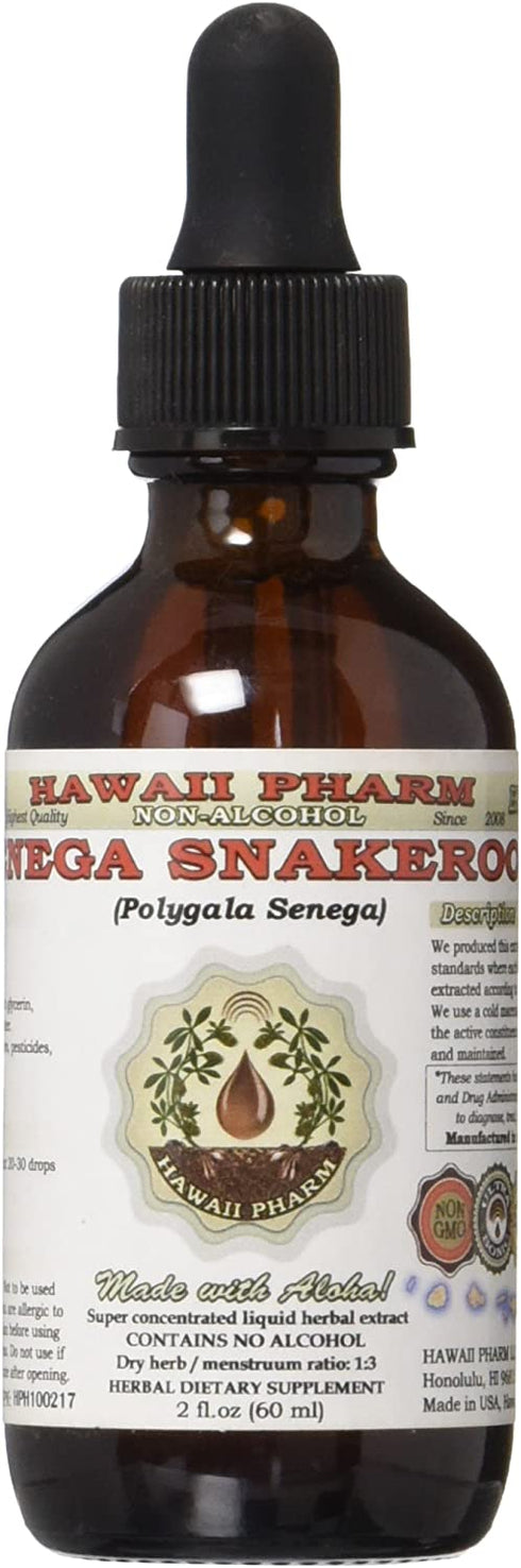 Senega Snakeroot Alcohol-Free Liquid Extract, Senega Snakeroot (Polygala Senega) Dried Root Glycerite Natural Herbal Supplement, Hawaii Pharm, USA 2 fl.oz