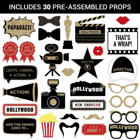 Fully Assembled Hollywood Photo Booth Props - Set of 30 - Black Gold Red Selfie Signs - Movie Night Themed Party Supplies & Decorations - Cute Oscars Designs with Real Glitter - Did we mention no DIY?