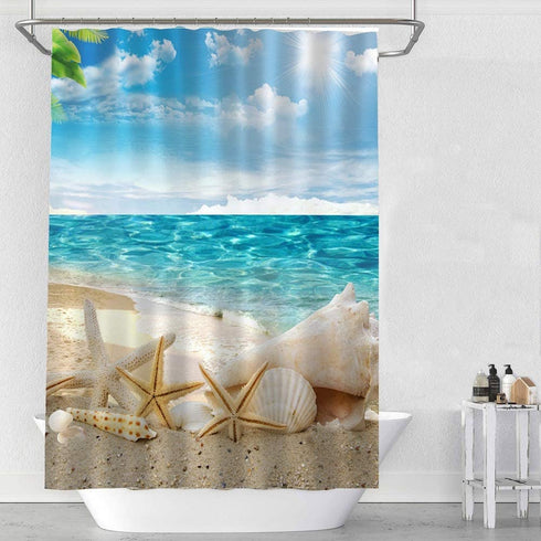 Sylbapestry Beach Shower Curtain Fabric Washable Seashell Starfish Bathroom Decor Digital Printed No-Fade Blue