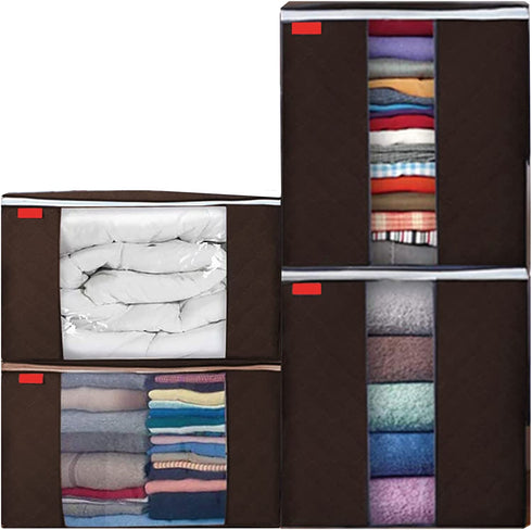 Large Capacity Storage Bag, 4 Pack Underbed Storage Bags with Reinforced Handle for Clothes, Comforters, Blankets, Bedding Brown