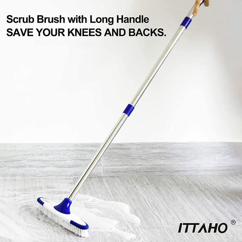 ITTAHO Scrub Brush with Long Handle,Grout Cleaner Brush and Small Cleaning Brush Set for Scrubbing Tile Marble Stone Bathroom Patio Garage Deck Floor Brush Cleaning