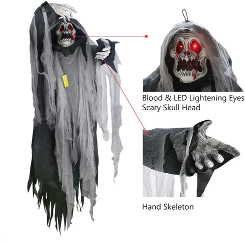 Halloween Hanging Ghost, 5.5 Ft Large Life size Halloween Prop Skull with LED Glowing Eyes and Creepy Shrilling Sound Scary Grim Reaper with Detachable Bendable Arms Perfect for Halloween Party Decor