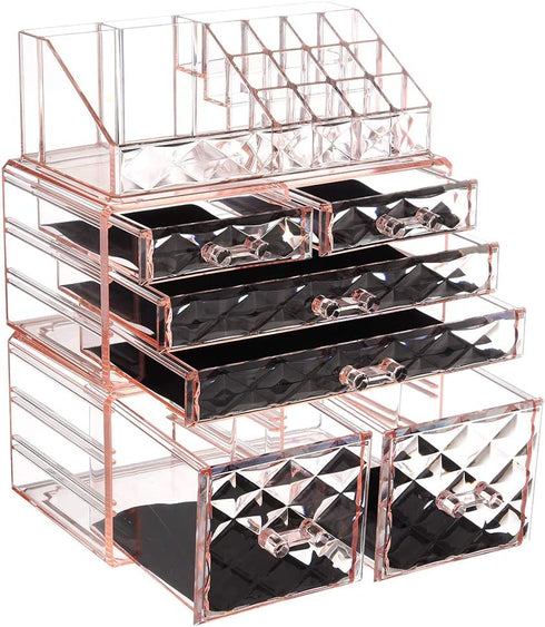 ZHIAI Makeup Organizer Acrylic Cosmetic Storage Drawers and Jewelry Display Box Transparent (Style A(Pink Diamond): 1 Top, 2 Small, 2 Large, 2 Square Drawers)