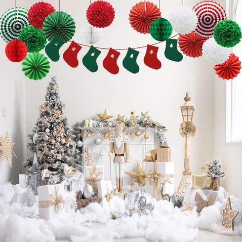 ADLKGG Christmas Party Decorations Hanging Paper Fans Christmas Socks Banner Pom Poms Flowers Paper Honeycomb Balls for Birthday Home Garden Indoor Outdoor New Years Eve Party Decor, 16pcs