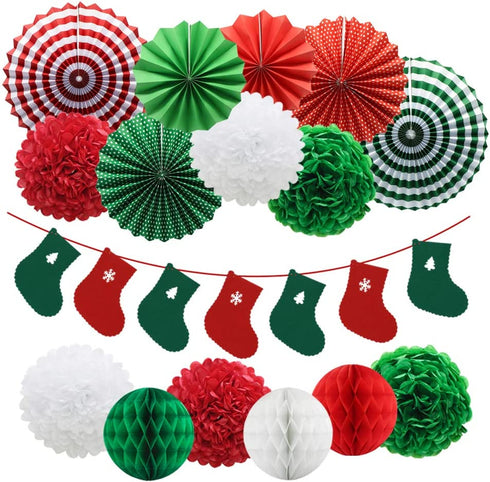 ADLKGG Christmas Party Decorations Hanging Paper Fans Christmas Socks Banner Pom Poms Flowers Paper Honeycomb Balls for Birthday Home Garden Indoor Outdoor New Years Eve Party Decor, 16pcs