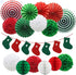 ADLKGG Christmas Party Decorations Hanging Paper Fans Christmas Socks Banner Pom Poms Flowers Paper Honeycomb Balls for Birthday Home Garden Indoor Outdoor New Years Eve Party Decor, 16pcs