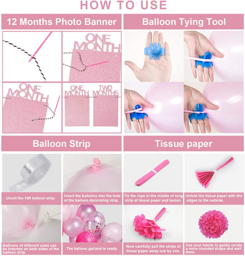EAF 1st Birthday Girl Decorations 78PCS Pink 1st Birthday Decorations for Girl with Pink Tinsel Curtain, 12 Months Photo Banner, 1st Birthday Highchair Banner, I AM ONE and Happy Birthday Banner