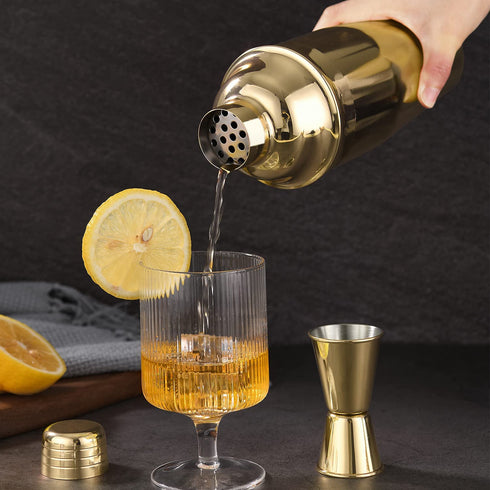 LUCKYGOOBO Cocktail Shaker with Double Measuring Jigger,18/8 Stainless Steel 24oz Martini Shaker Set,Drink Shaker Built-In Strainer,Bartender Kit. (Gold)